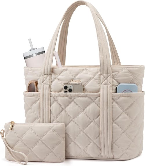 LOVEVOOK Puffer Tote Bag - Stylish Work Handbag with Cup Holder | Travel Carry-On for Teachers & Nurses