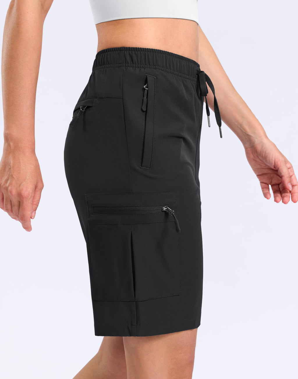 SANTINY Women's 7"/9" Lightweight Hiking Cargo Shorts with 5 Zipper Pockets Quick Dry Summer Long Travel Golf Short for Women (Black_L)