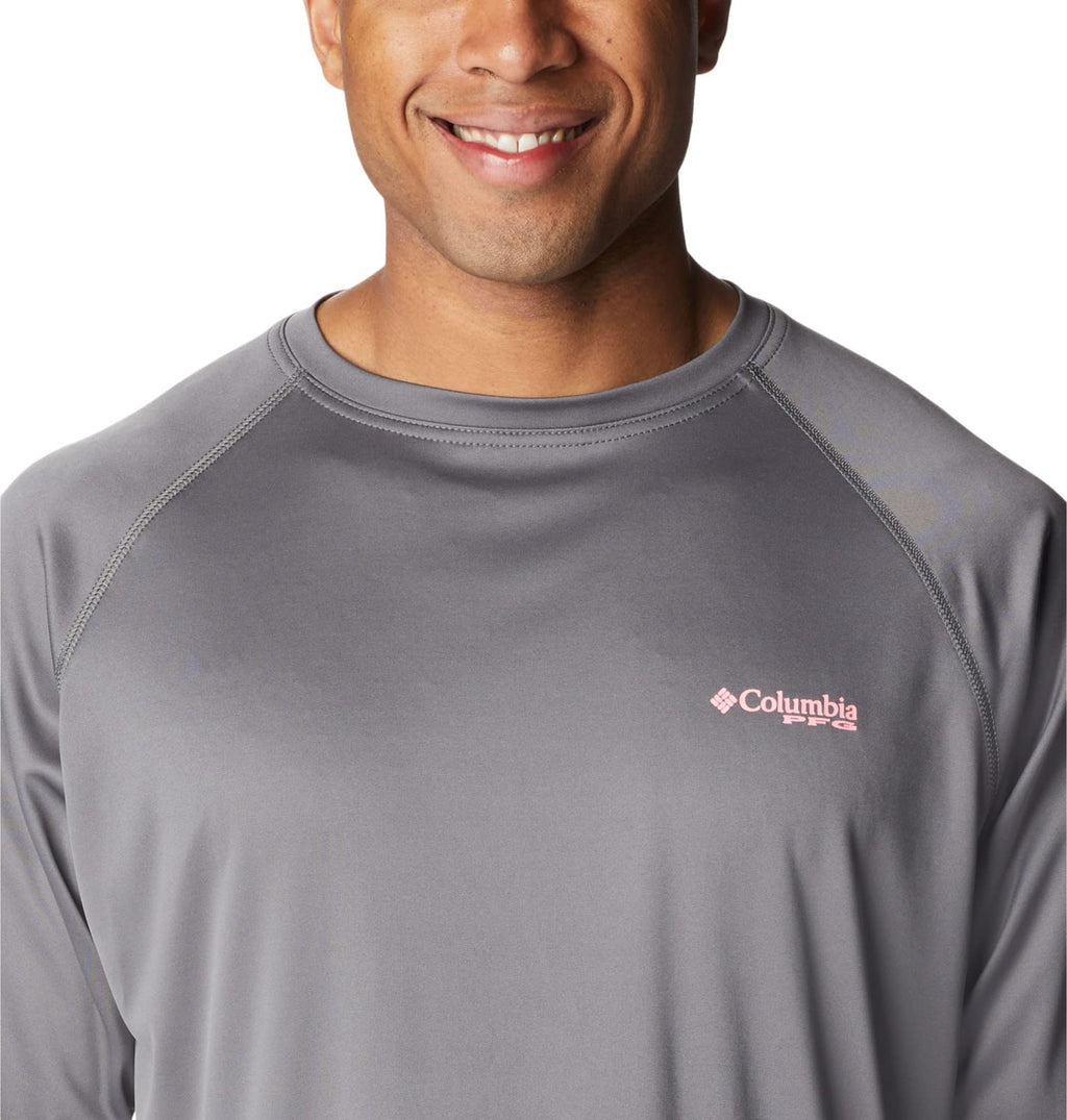 Columbia Men's Terminal Tackle Long Sleeve Shirt, City Grey/Pink Pop Logo, Large Tall