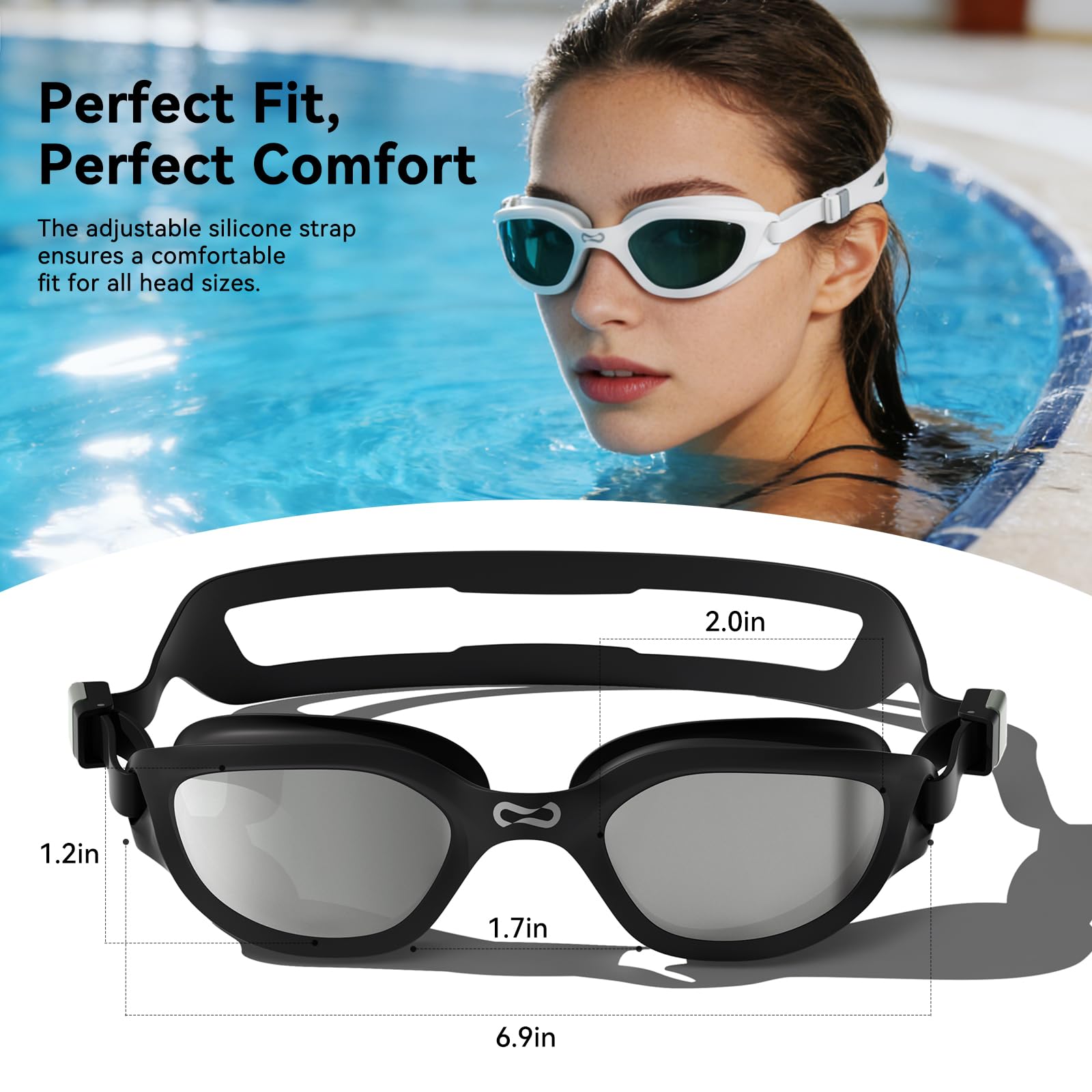 COPOZZ Swim Goggles, Goggle Swimming Adult for Men And Women, Anti-Fog No Leakage UV Protection for Swim Goggles Adult Women(Silver Lens+Black Frame)