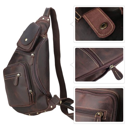 Polare Full Grain Leather Cross Body Sling Bag Chest Bag Backpack Outdoor Camping Tactical Daypack Dark Brown(updated Version)