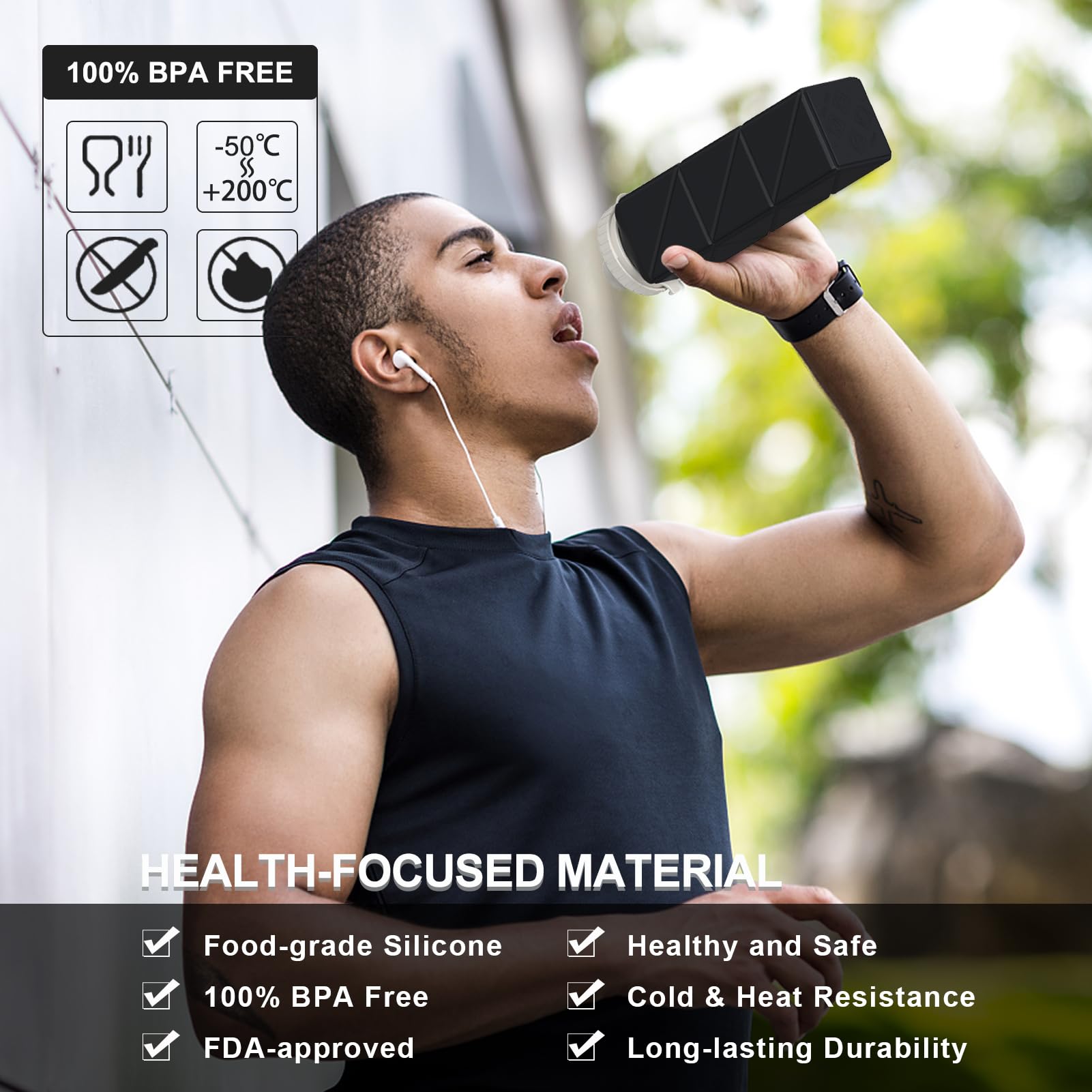 BEAUTAIL Collapsible Water Bottles 20.6oz, Silicone Foldable Portable Travel Water Bottle, BPA-Free, Leakproof Reusable for Traveling Camping Hiking Sports Outdoor, 2 Pack (Black+Dark Blue)
