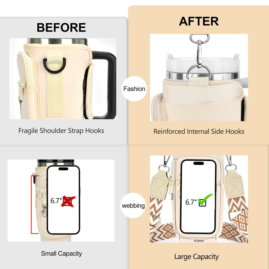 LOKASS Personalized Water Bottle Holder with Strap for Stanley Cup Accessories 40 oz, Initial Stanley Cup Holder Carrier Bag with Phone Pocket, Stylish Tumbler Accessories for Everyday Carry, Beige G