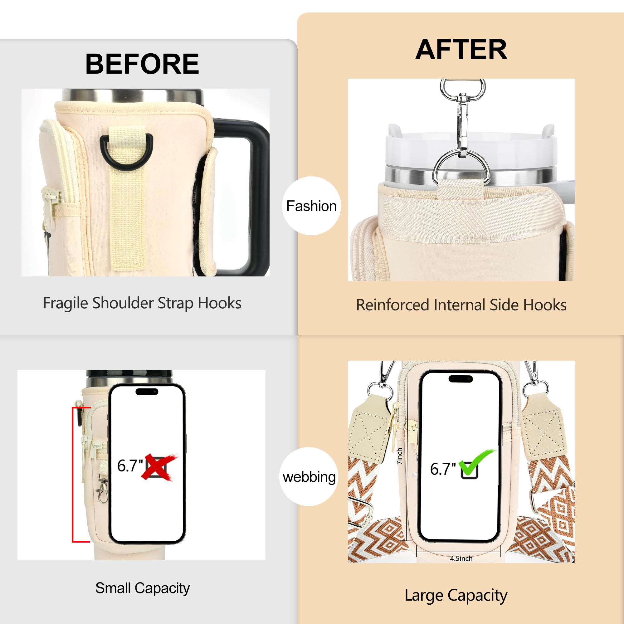 LOKASS Personalized Water Bottle Holder with Strap for Stanley Cup Accessories 40 oz, Initial Stanley Cup Holder Carrier Bag with Phone Pocket, Stylish Tumbler Accessories for Everyday Carry, Beige G