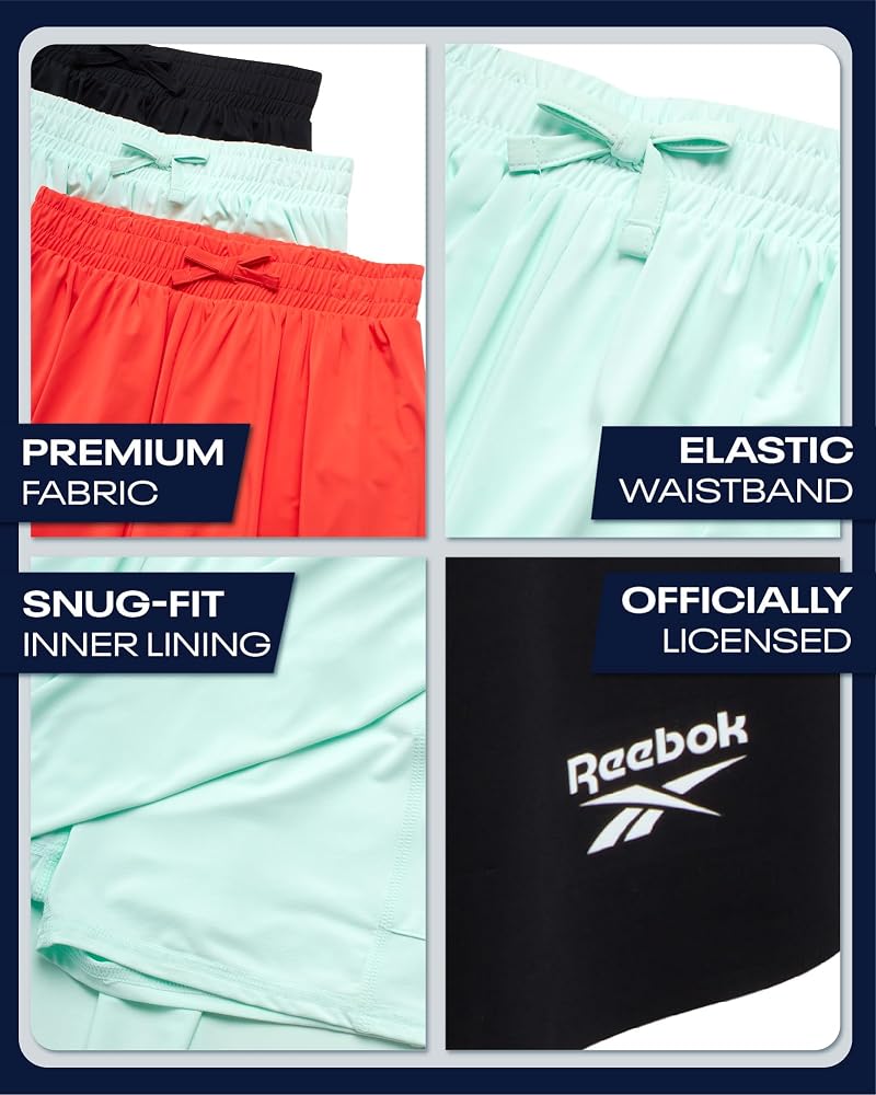 Reebok Girls Butterfly Shorts 3-Pack with Liner - Flowy Elastic Waist, Variation Hot Coral/Black/Aqua