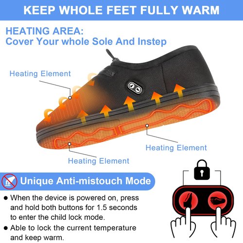 Heated Slippers, Amiable 7.4 V Unisex Foot Warmer with Anti-Touch Function, Heated Shoes with Dual Switches, Electric Slippers, Cordless Heat Feet Warmers with Rechargeable Battery（M）