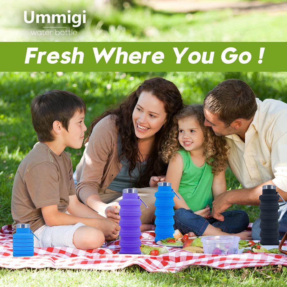 Ummigi Collapsible Water Bottles，17oz Large capacity Silicone Water Bottle with Carabiner，Reusable Foldable Lightweight Sports Water Bottle for Travel Gym Camping Hiking (Blue + Purple)