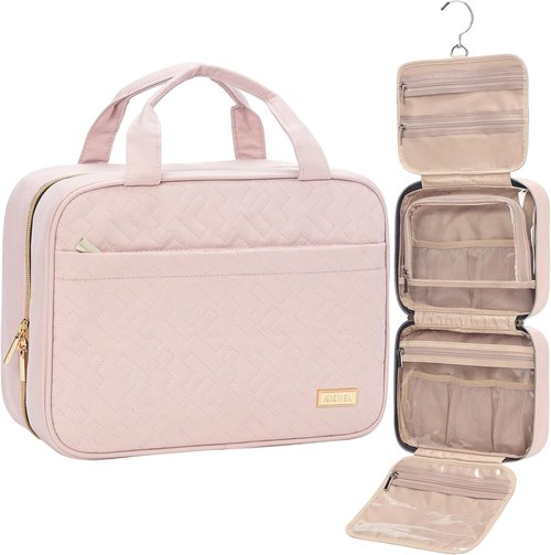 NISHEL Travel Toiletry Bag - Portable Hanging Organizer for Travel Essentials | Medium Size, Pink