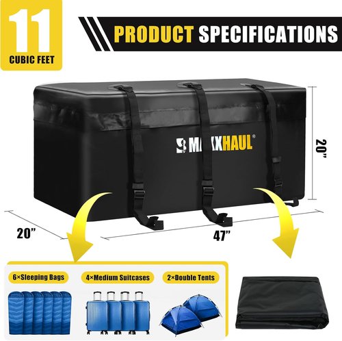 MaxxHaul Soft Shell Cargo Carrier Bag - Heavy Duty, Water Resistant, 47" x 20" x 20", Black with Tie Down Straps