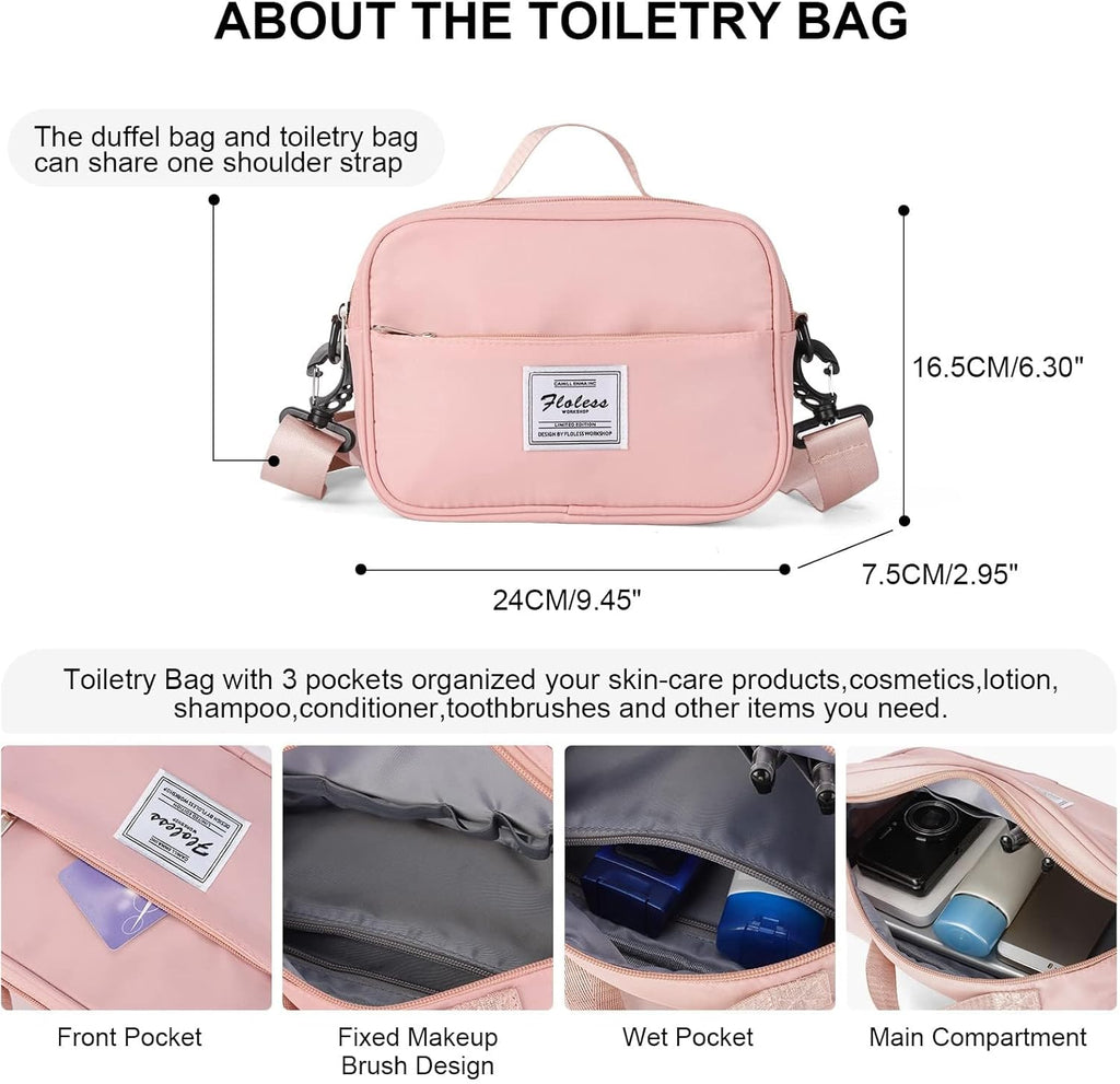 Skiennix Travel Duffel Bag - Stylish Weekender with Wet Pocket & Toiletry Bag | Large Pink