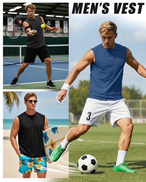 Ficerd 3 Pack Men's Sleeveless Tank Tops, Crewneck Casual Summer Tee Beach T Shirt Workout Run Gym Muscle Shirt(Black, Dark Gray, Denim Blue,X-Large)