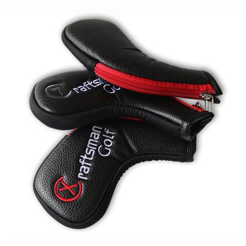 Craftsman Golf 11pcs /Set (4,5,6,7,8,9,A,S,P,L,X) Synthetic Leather Black with Red Edge Iron Head Cover Headcover Set for Callaway Ping Etc. with Zipper
