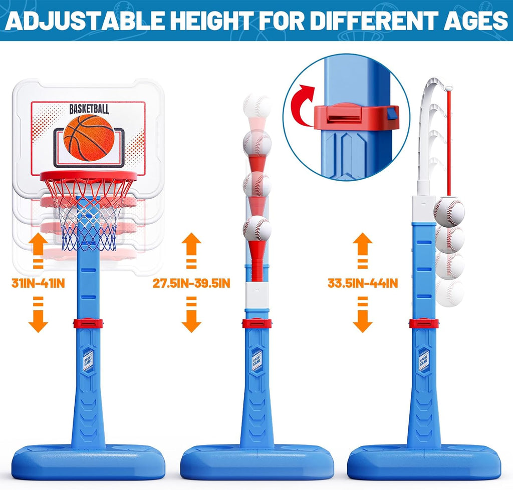 Skiennix 3-in-1 Kids Basketball Hoop & T-Ball Set - Adjustable Height Indoor/Outdoor Sports Toy for Ages 3-5 (Blue)
