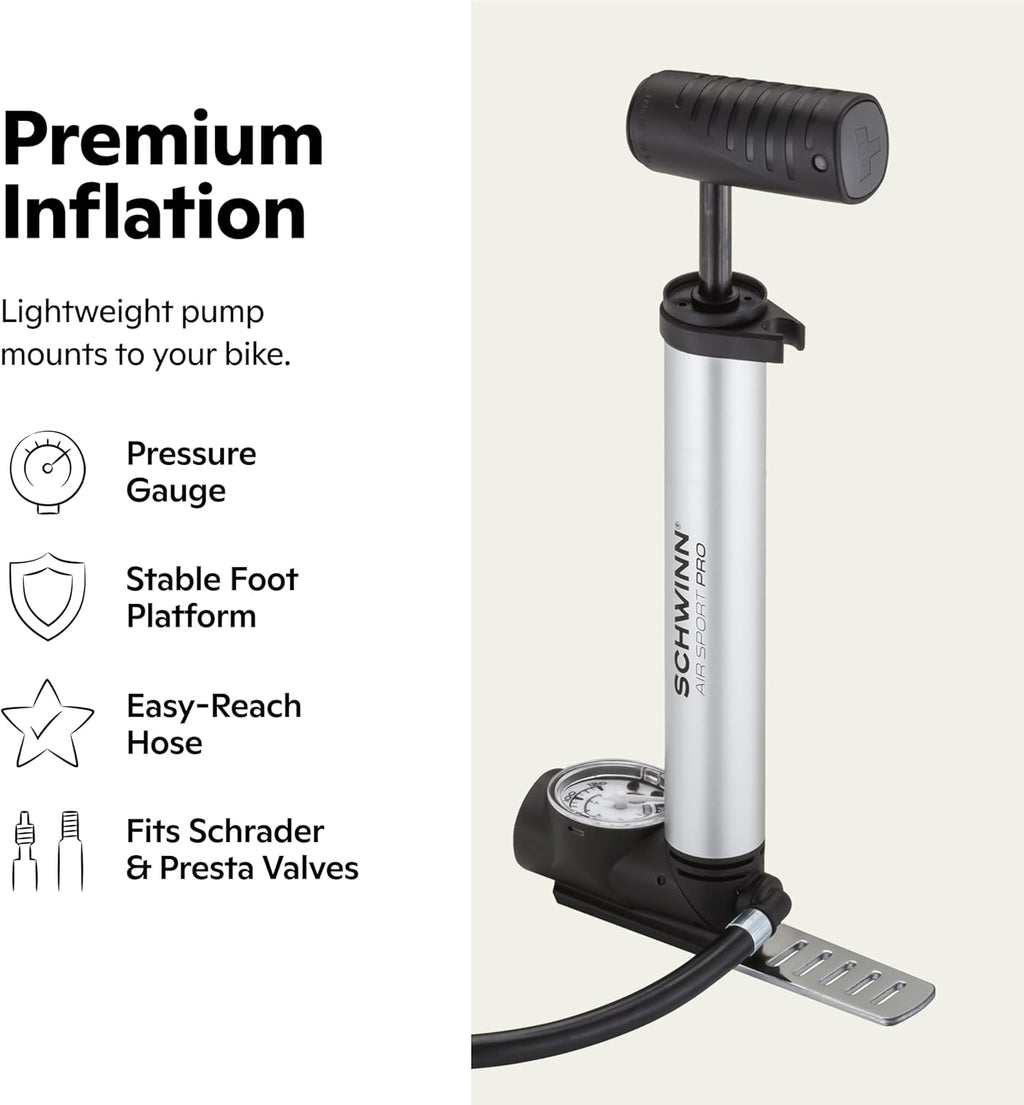 Schwinn Air Sport Mini Bike Pump - Portable Foot & Hand Pump for Schrader & Presta Valves | Ideal for Easy Road Riding