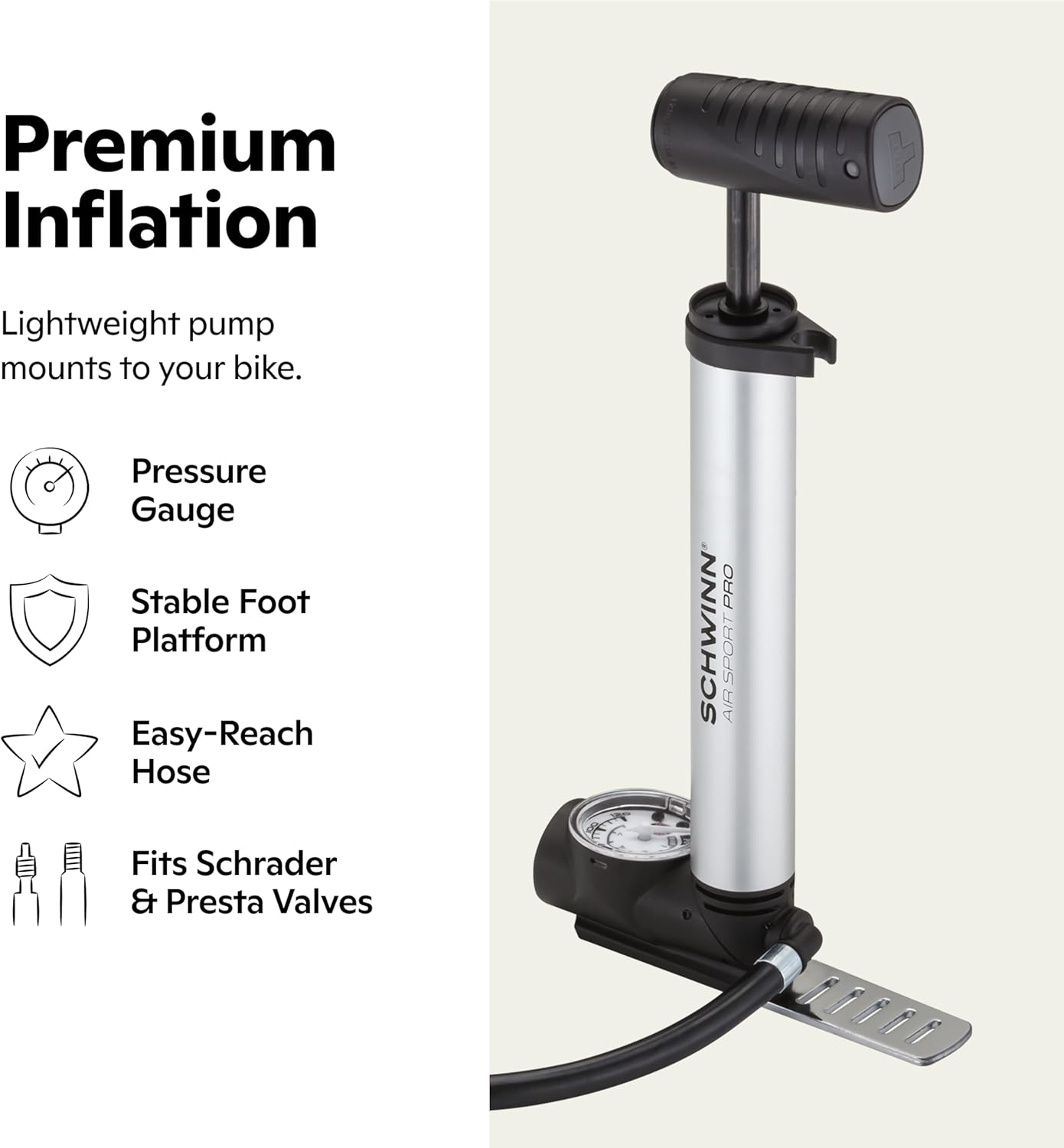 Schwinn Air Sport Mini Bike Pump - Portable Foot & Hand Pump for Schrader & Presta Valves | Ideal for Easy Road Riding