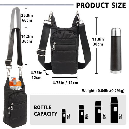Water Bottle Holder with Strap Water Bottle Carrier Bag Quilted Puffer Sling Purse Crossbody Hydro Bag for Women Walking