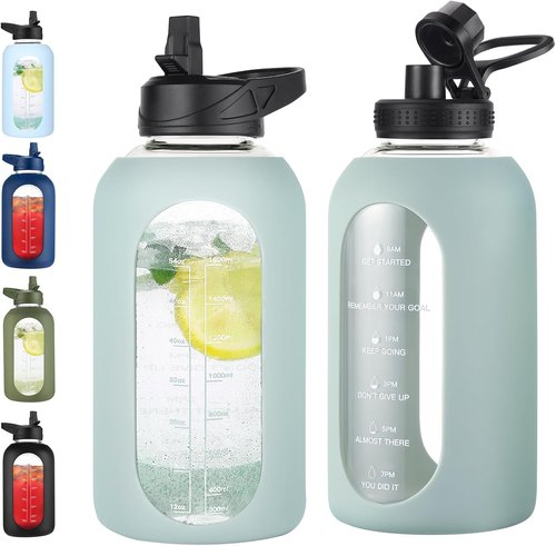 EALGRO 64 oz Glass Water Bottle - Motivational Half Gallon Jug with Straw & Handle | Sage Color