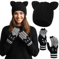 Ramede Women's Cute Cat Ears Beanie and Touchscreen Gloves Set, Double-layered Knitted Winter Hat Warm Woollike Crochet Ski Headgear and Knit Gloves New Year Anime Gifts for Women for Cold Weather