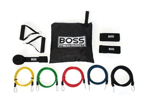 BOSS FITNESS PRODUCTS - 11-Piece Adjustable Resistance Band Set - 5 Bands - Heavy Duty Door Anchor - Premium Ankle Straps, Soft Grip Handles - Carrying Bag - Additional Accessories