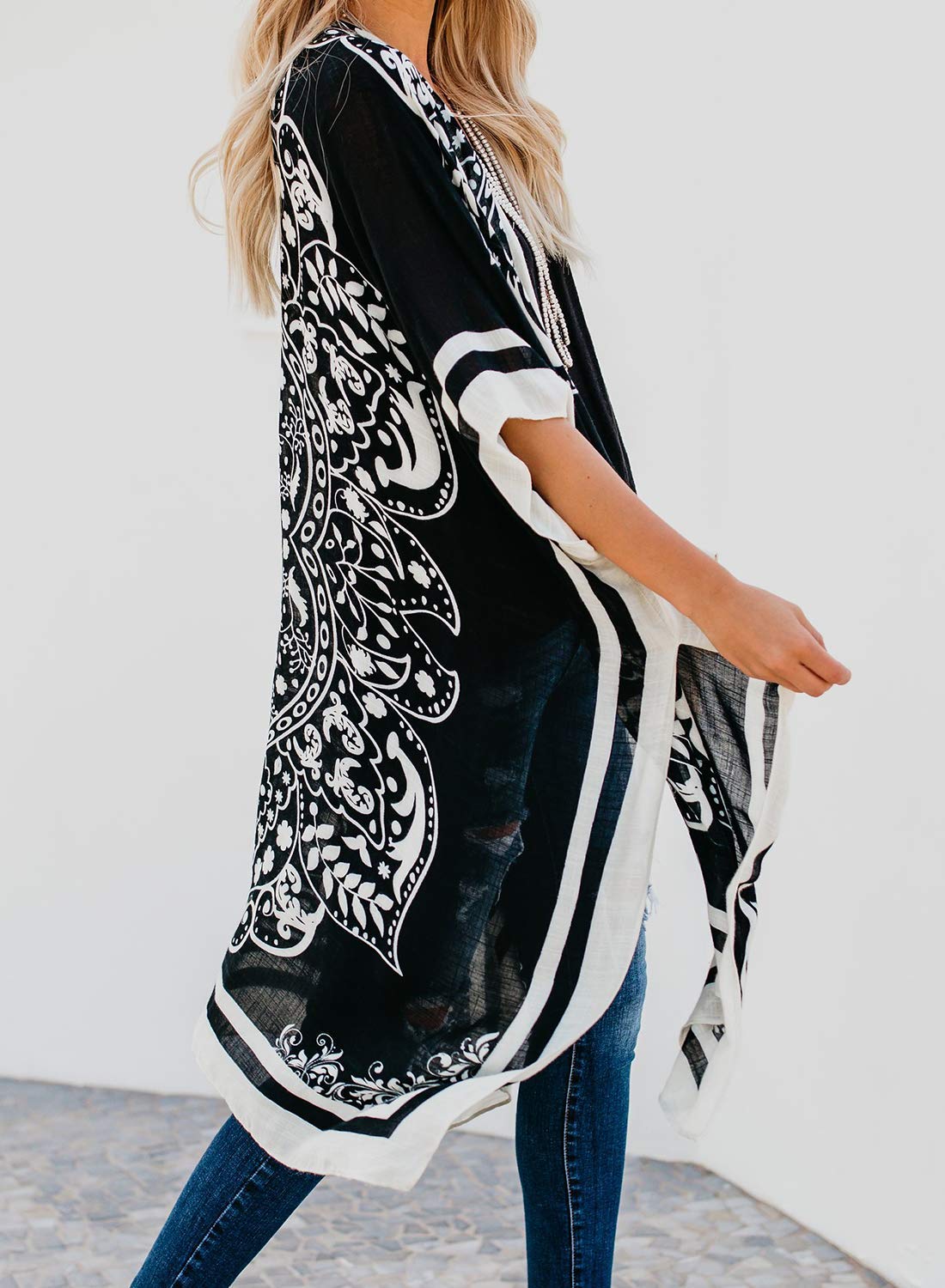 Breezy Lane Kimonos for Women Beach Coverup Bathing Suit Cover Ups for Swimsuit Boho Kimono Cardigans with Black Print