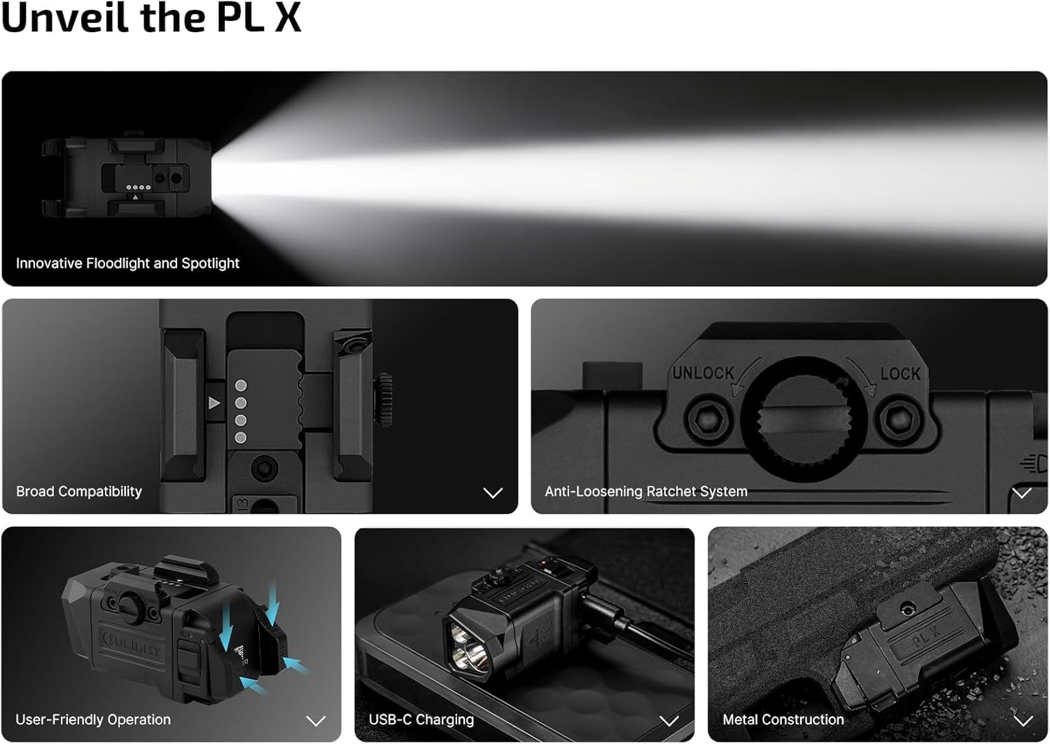OLIGHT PL X Tactical Flashlight - Rechargeable USB-C Dual Beams with 22,500 Candelas & 1,200 Lumens | Matte Black