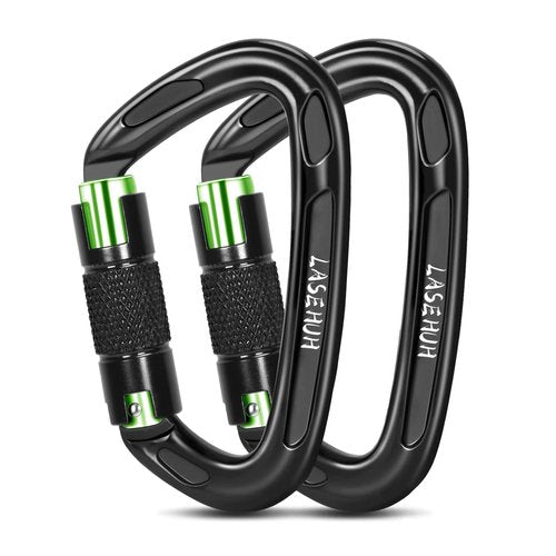 Lasehuh UIAA Certified 25KN Auto Locking Climbing Carabiner Clips, D Shaped, Twist Lock, and Heavy Duty Carabiners for Rock Climbing, Rappelling,3.93 Inch, Large Size. (Black Green-2PCS)