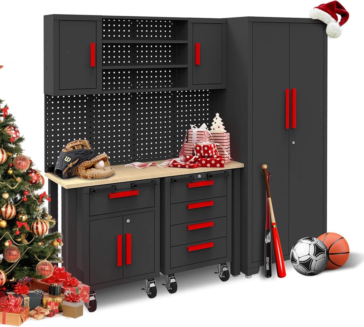 TCE Garage Cabinets Storage System - 6 Piece Steel Cabinet Set with Drawers & Rolling Chest | Black