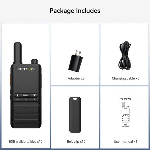 Retevis B3B Walkie Talkies Rechargeable, 1620mAh, Lightweight 2 Way Radio Long Range, Type C, Ultra Thin, VOX, Handheld Two Way Radios for Retail, Hotel, Church (10 Pack)