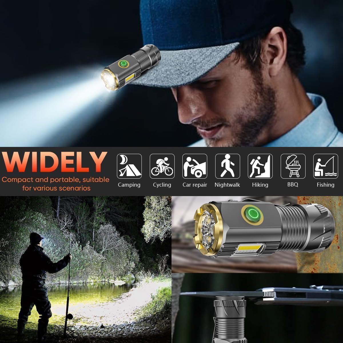 Rechargeable mini LED Flashlight, 9000 lumens Ultra Bright Small Flashlight, with Clip and Magnet, IPX6 Waterproof, 6 Modes, Suitable for Camping, Hiking, and Emergency situations (2-Piece Set)
