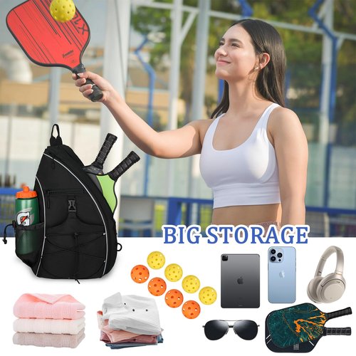Goloni Pickleball Sling Bag for Men Women, Lightweight Pickleball Backpack with Fence Hook, Large Capacity Pickleball Bag with Anti-Theft Pocket, Water-Resistant for Tennis Padel Sports,Black
