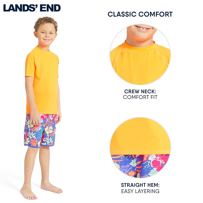 Lands' End Boys' Sun-Protection Rash Guard Tee UPF 50+ Shocking Orange Medium