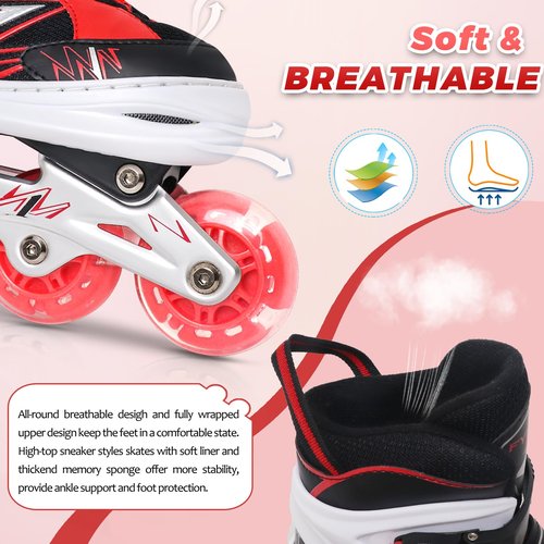 LEJIJIT Adjustable Kids Inline Skates for Girls Boys Children Beginners, Black & Red Inline Skates with Light Up Wheels for Kids and Youth for Indoor Outdoor Sports (Large)