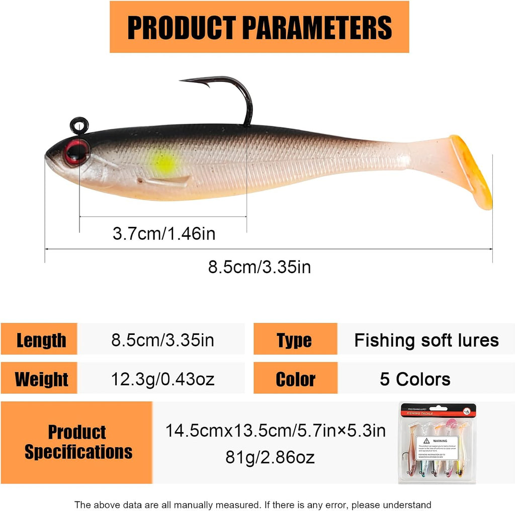 Skiennix 5Pcs Pre-Rigged Soft Lures - Paddle Tail Sinking Swimbaits for Bass & Trout | 3.35in/0.43oz