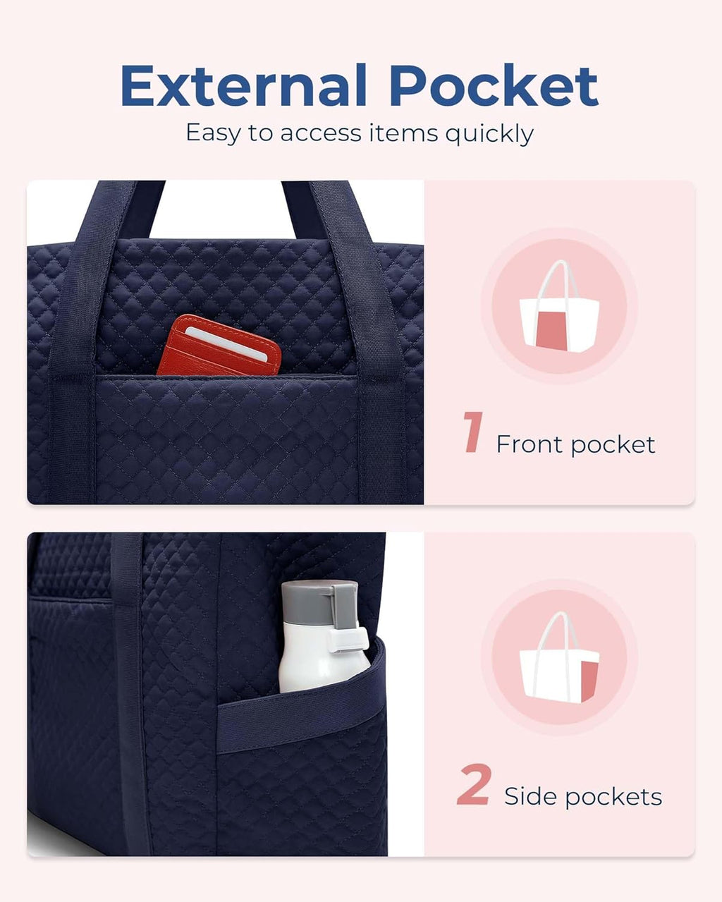 BAGSMART Tote Bag for Women - 20L Quilted Puffer Work Bag with Zipper | Ideal Travel & Nurse Essentials