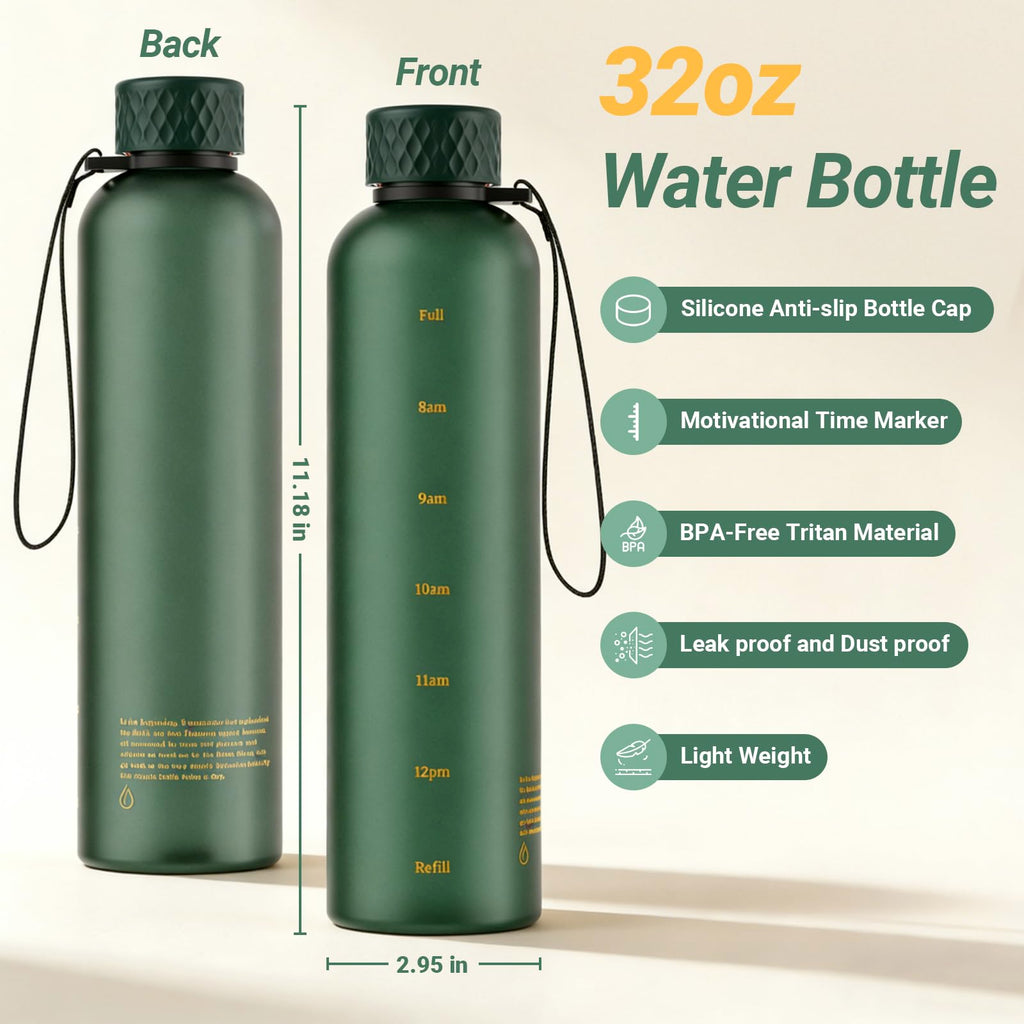 Sursip 32 oz Motivational Water Bottle with Time Marker, 1 Pack – Slim Tritan Water Bottles with Strap, Leakproof & Shatterproof Gym Bottles, Fits Cup Holder for Travel, School & Daily Hydration