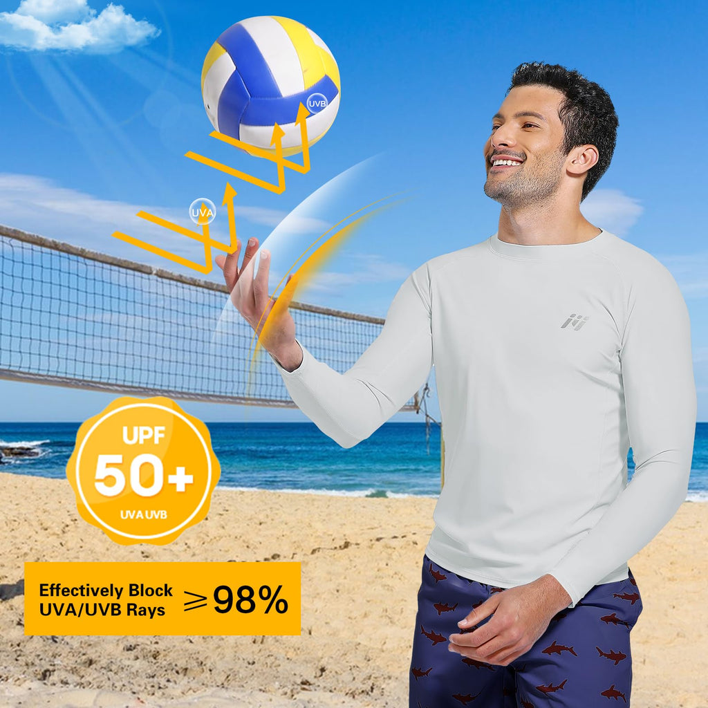 Sun Protection Swim Shirts for Men: SPF UPF 50+ UV Long Sleeve Rash Guard for Fishing Hiking Running Workout Athletic White