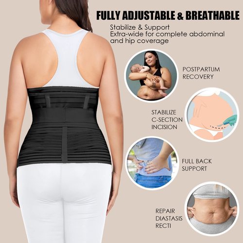 3 in 1 Postpartum Belly Band Wrap Support Recovery Girdles Abdominer Binder Post Surgery Belly&Waist&Pelvis Support Belt & Back Brace (Black, XX-Large)