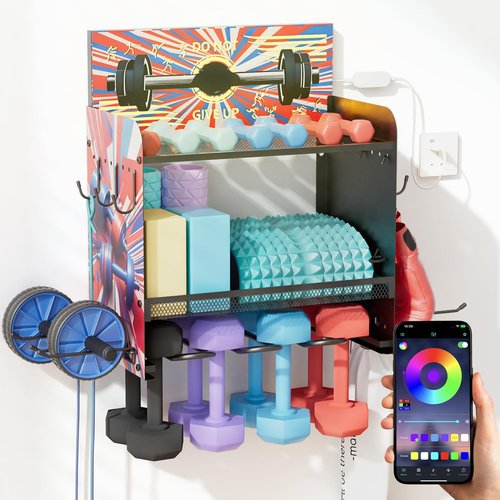YiiMeeCoo Dumbbell Rack with APP-Controlled LED Lights, Weight Rack for Home Gym Storage, Modern Perforated Wall-Mounted Organizer for Dumbbells, Weight Plates & Accessories, Space Saving