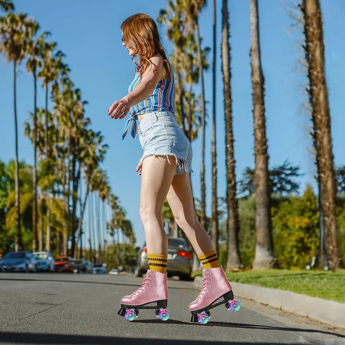 Roller Skates for Women Men Shiny PU Leather High-top Roller Skate Shoes for Beginner Classic Double-Row Roller Skates, Indoor Outdoor Roller Skates (Crystal Pink Flash Wheels,41)