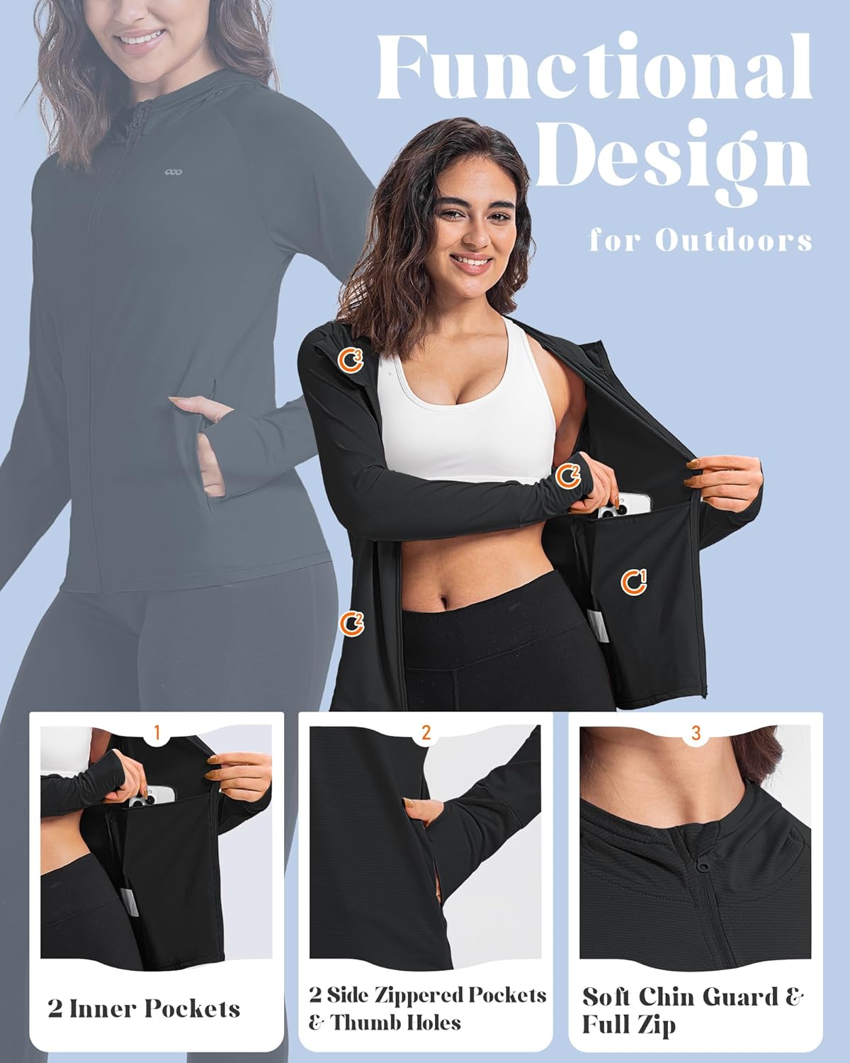 33,000ft Women's Lightweight UPF 50+ Sun Protection Hoodie Jacket - Long Sleeve Zip-Up for Hiking & Running