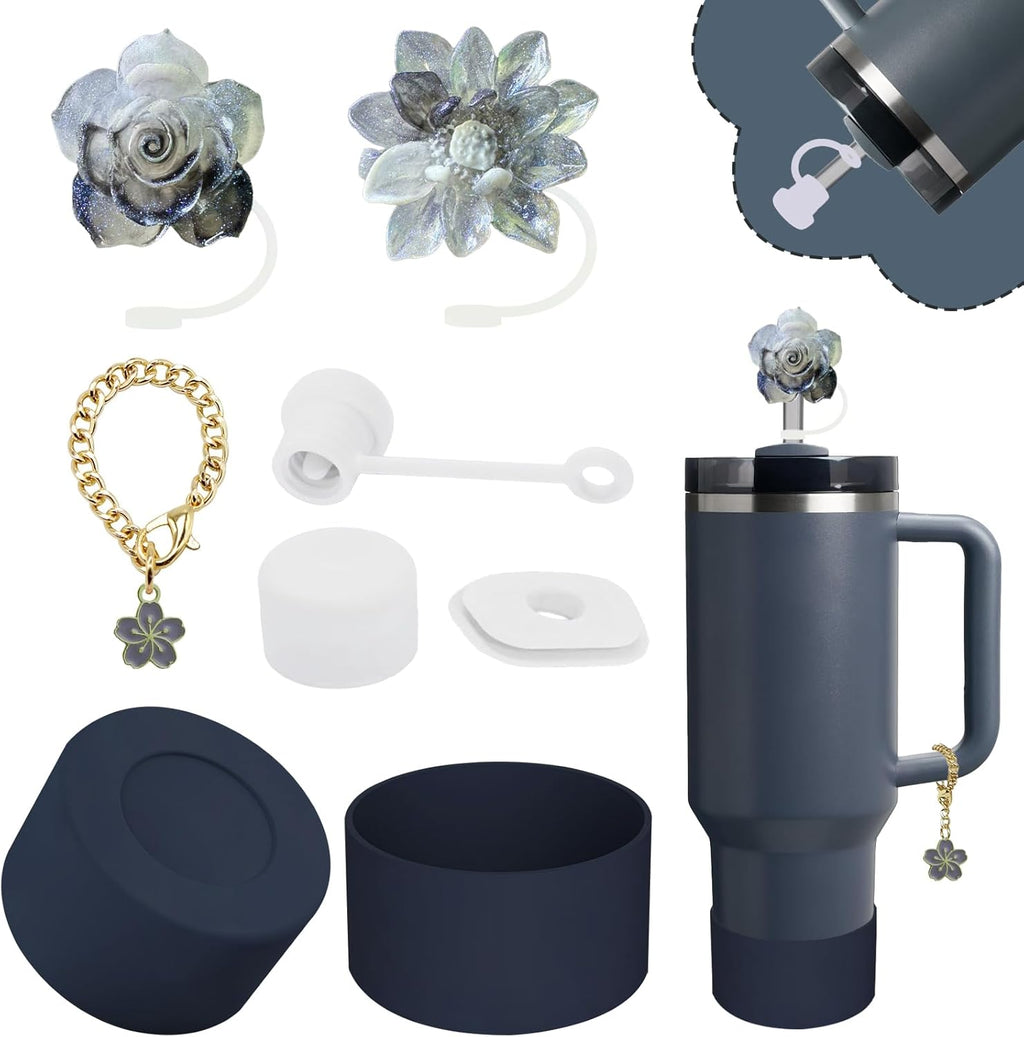 Stanley Cup Accessories Set - 3-Piece Silicone Spill-Proof Stopper & Cute Flower Handle Charm | Twilight Color