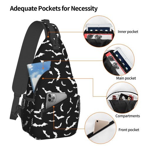 LOSTORCHI Bat Crossbody Sling Bags for Women Men White Flying Bats Silhouettes on Black Background Travel Sling Backpack Casual Chest Shoulder Bag Cool Nocturnal Creatures Animal Print Hiking Daypack