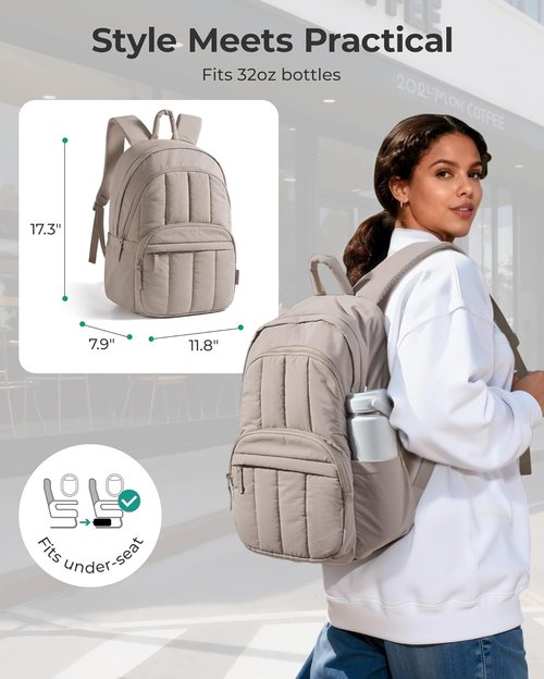 BAGSMART Women's Quilted Laptop Backpack - Cute Water-Resistant Travel Daypack | Puffer Camel