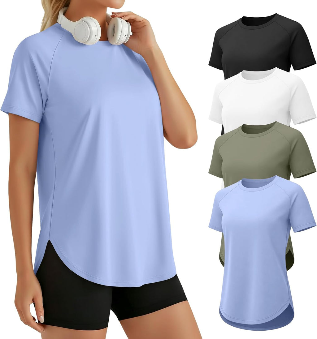 Skiennix Women's Workout Shirts - Quick Dry Athletic Tops | Short Sleeve Loose Fit Yoga Tees - 4 Pack