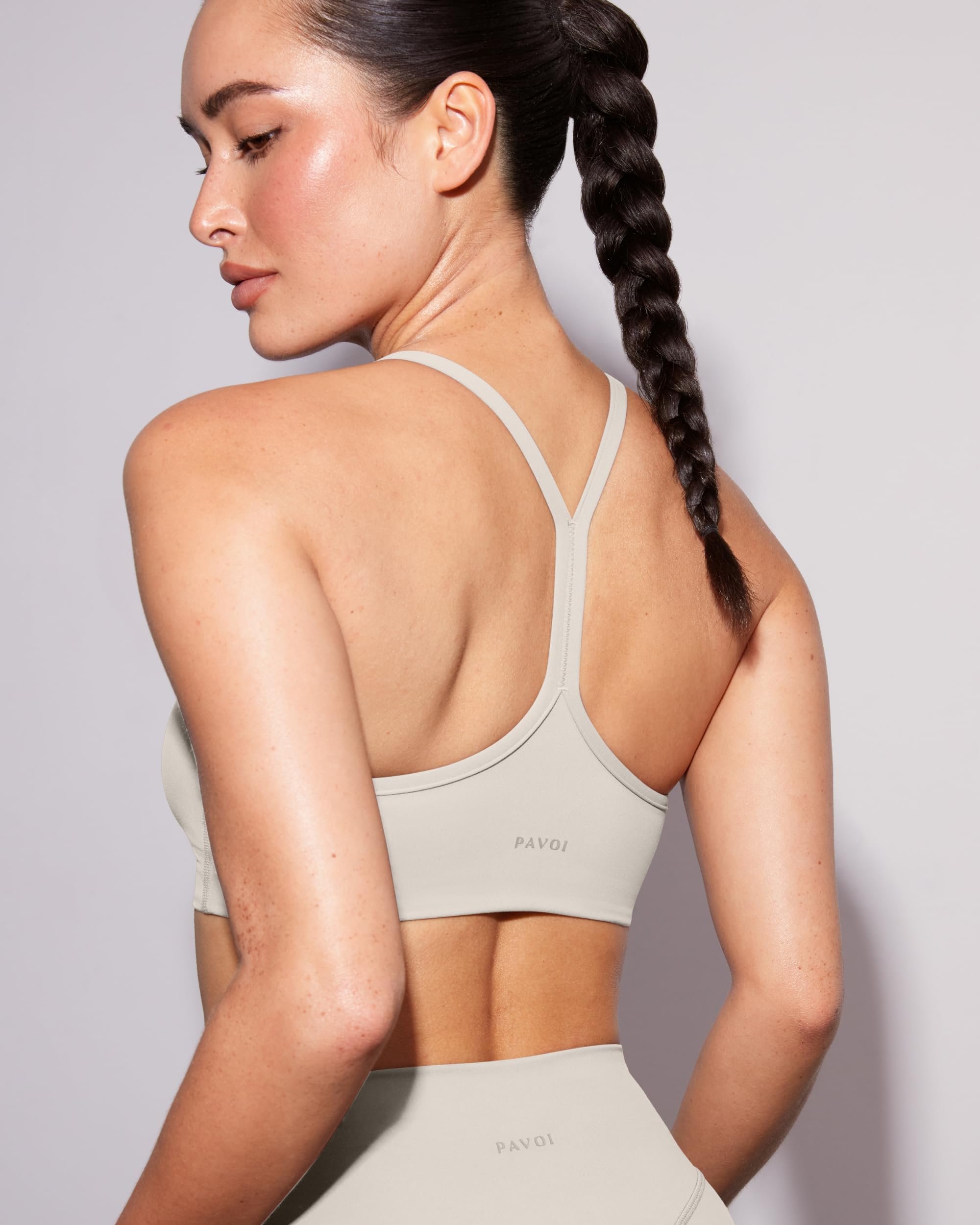 PAVOI ACTIVE Yoga Racerback Bras for Women - Buttery Soft Low Support Scoop Neck Y-Back Thin Strap Sports Bra - FlexFlow - Small, Moon, A-C Cups