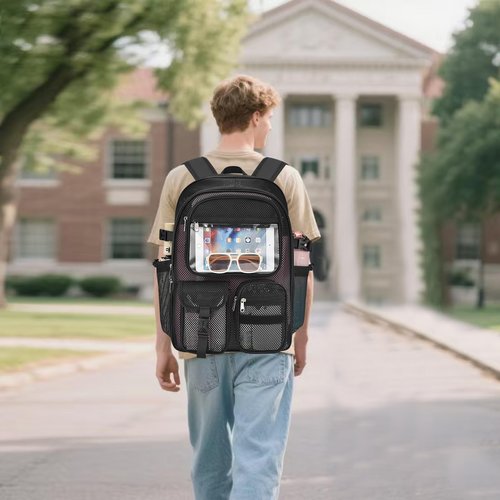 Jeluno Heavy Duty Mesh Backpack for School, Lightweight Black Book Backpack for Beach,Travel(Black)