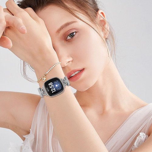 Feigand Metal Magnetic Band Compatible with Fitbit Versa 4/Sense 2/Versa 3/Sense, Stainless Steel Dressy Mesh Loop with D-Shape Diamond for Women (Silver)