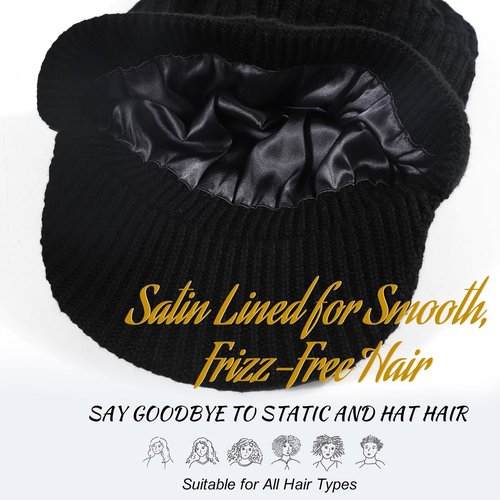 Lvaiz Womens Satin Lined Winter Beanie Hat with Brim Visor Warm Knit Cuffed Skull Baseball Cap Silk Lining Hat for Men Black