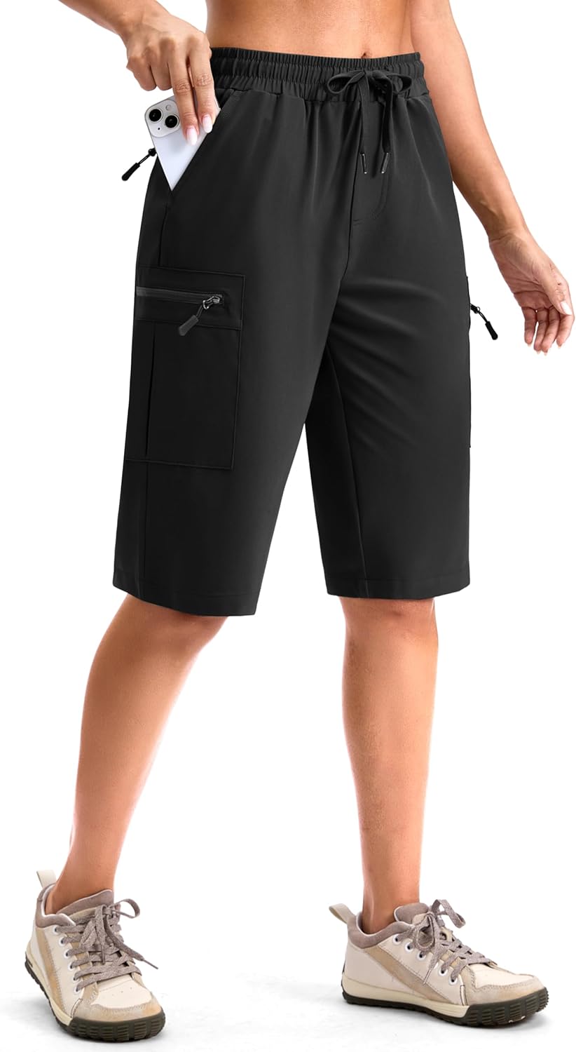 Viodia Women's Hiking Shorts - Knee-Length Cargo Bermuda with Zipper Pockets | Quick-Dry Summer Style