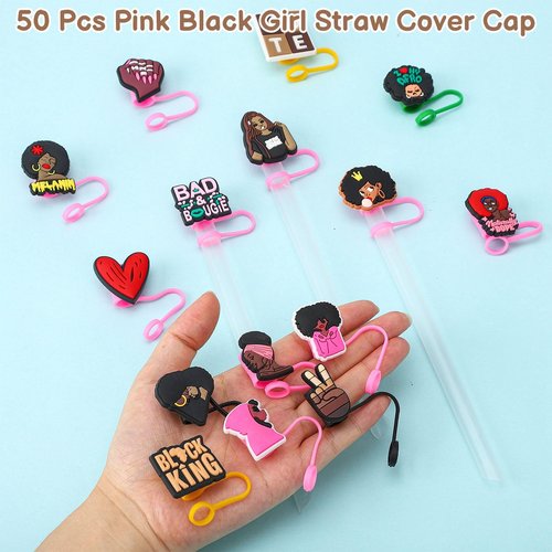 Ovveroche 50 Pcs Pink Black Girl Straw Cover Caps Compatible with Stanley Cup, Silicone Cute Reusable Straw Toppers for Cups 30&40 Oz Tumbler Accessories 10mm
